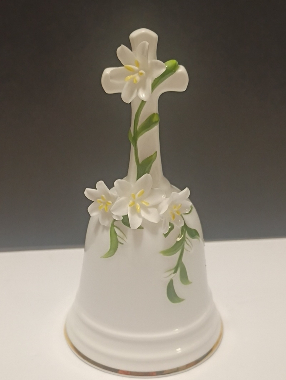 Enesco 1980 White Bone China Bell with Cross And Green Leaf Accents